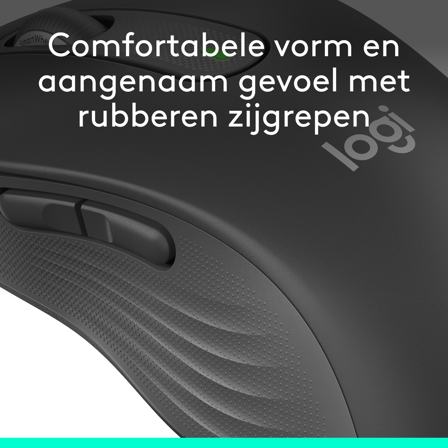 Een zwarte muis close-up met een logo.