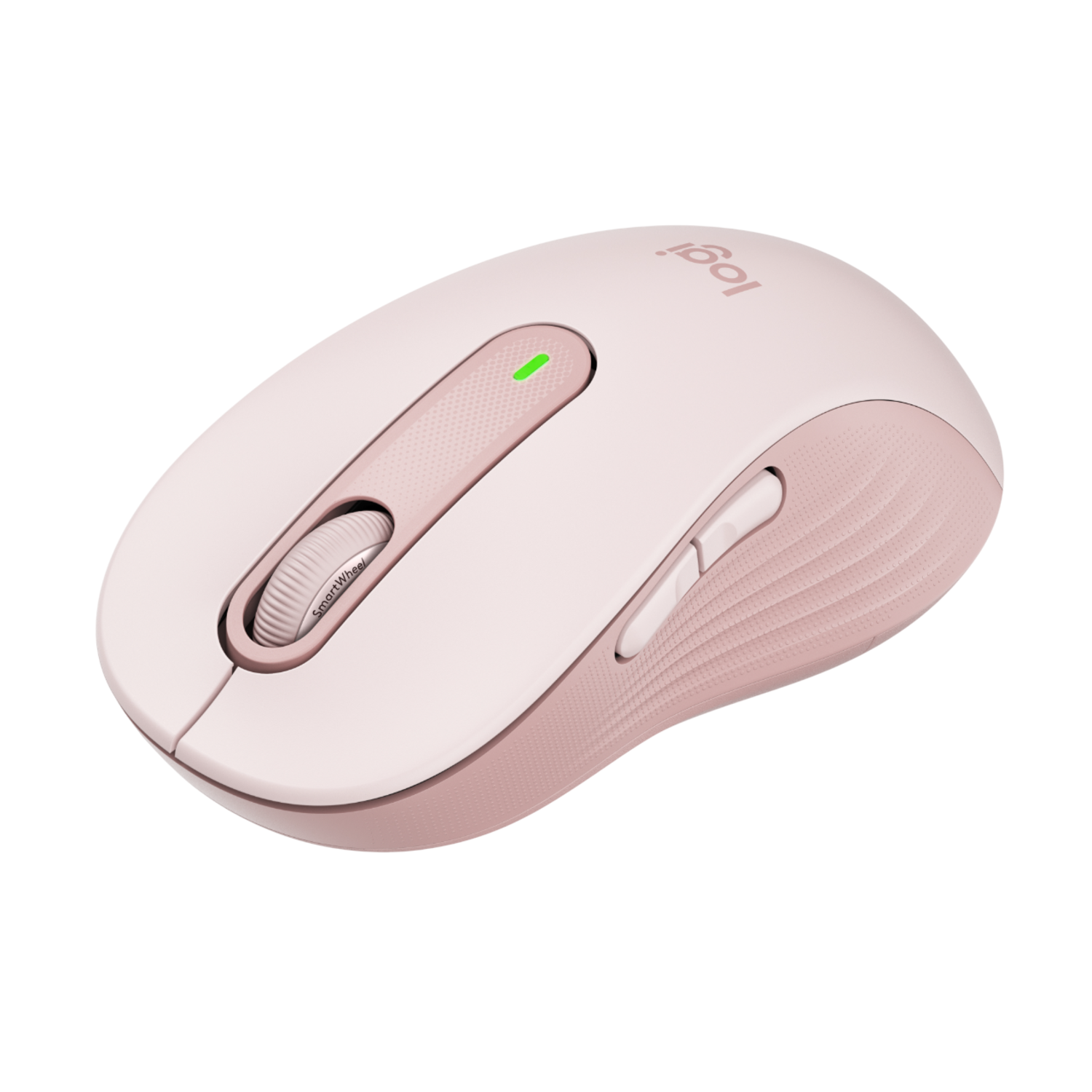 Pink Logitech mouse with scroll wheel and side buttons. It is on a dark background.