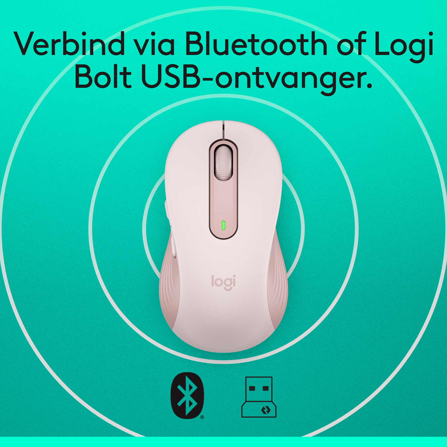 Pink Logitech mouse on a teal background with circles. Includes Bluetooth and USB icons.