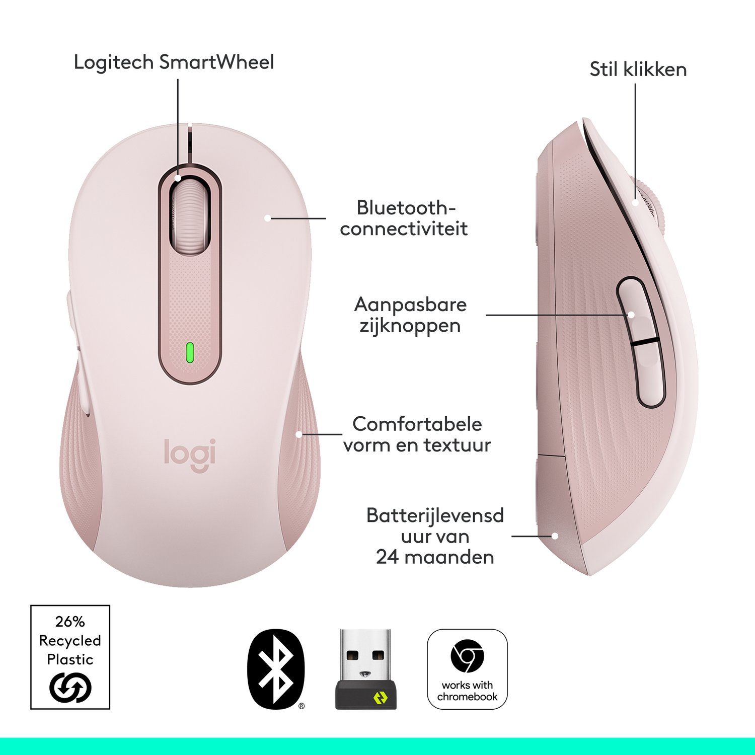 A pink Logitech mouse with labels highlighting features: smartwheel, bluetooth, and adjustable buttons.