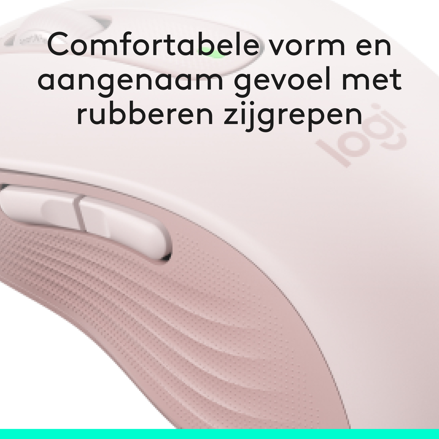 Close-up of a pink computer mouse with buttons and a textured surface. Text is on the mouse.