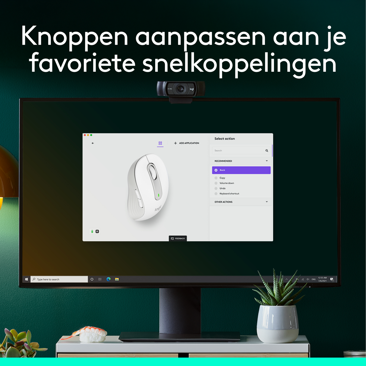 A monitor displaying a white mouse and the text: 'Knoppen aanpassen aan je favoriete snelkoppelingen'.