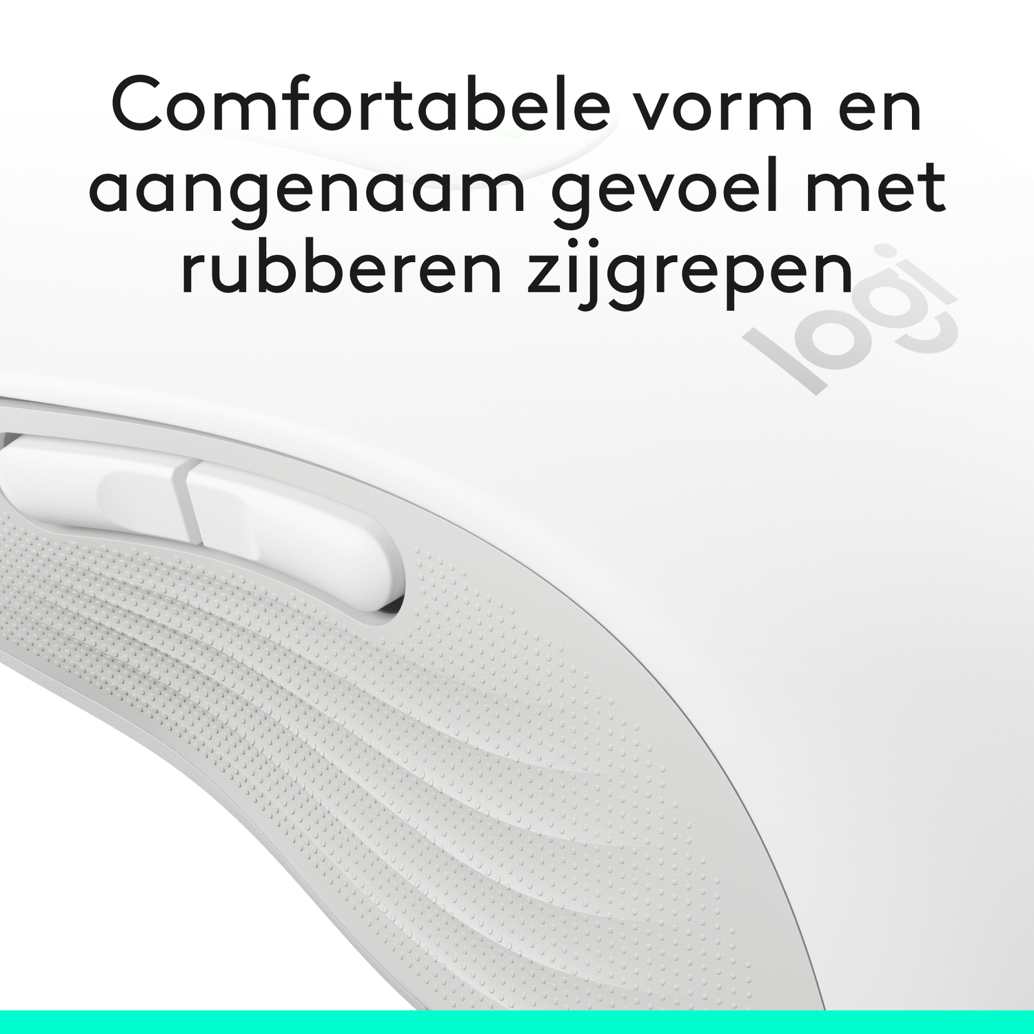 Close-up of a white computer mouse. Text in Dutch: 'Comfortable shape and comfortable grip.'