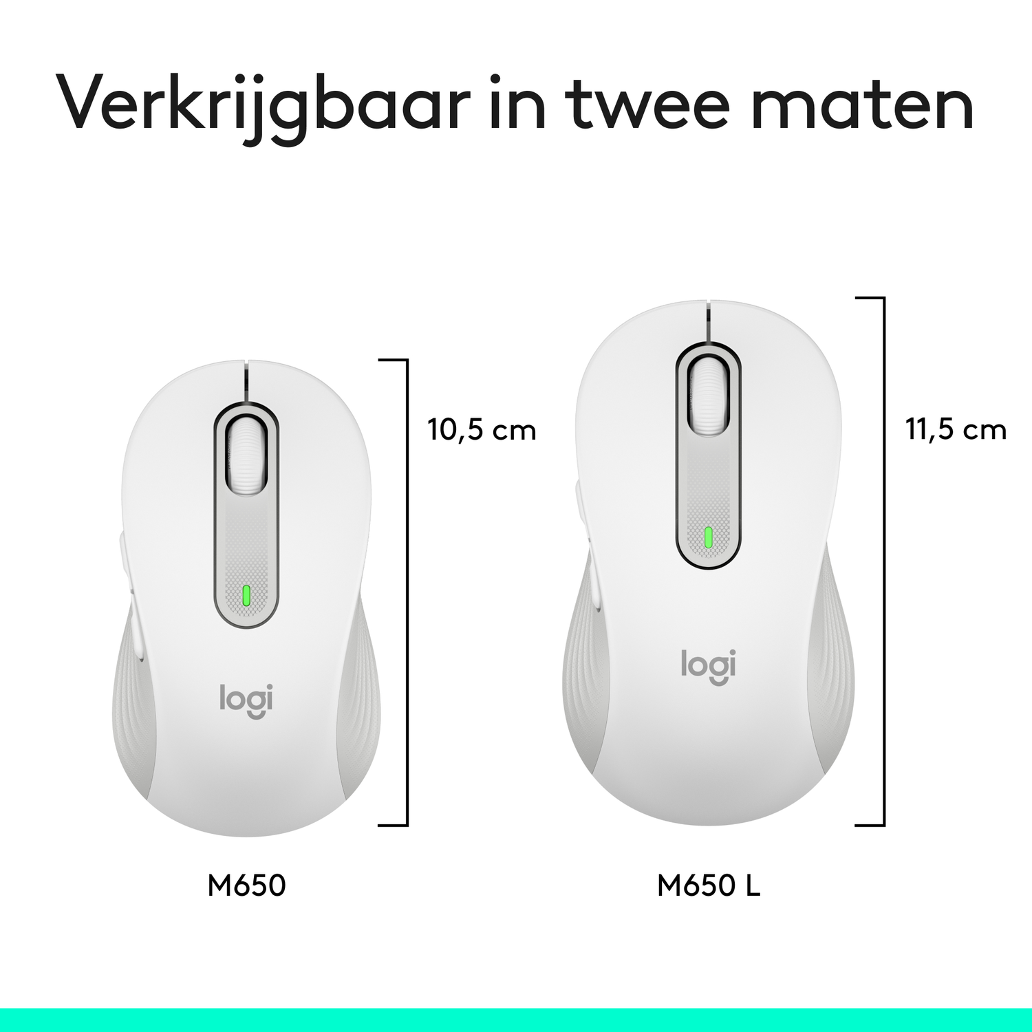 Two white computer mice, one larger than the other, with dimensions noted.