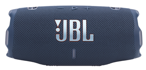 Niebieski głośnik JBL. Logo JBL jest z przodu. Głośnik ma długi, prostokątny kształt.