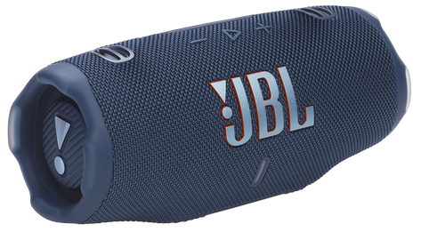 Niebieski głośnik JBL z pomarańczowym logo JBL. Jest cylindryczny z przyciskami na górze.