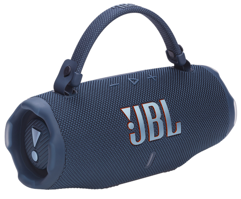 Niebieski głośnik JBL z uchwytem. Logo JBL jest pomarańczowe.