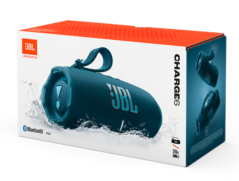 Głośnik JBL Charge 6 w pudełku, z obrazami głośnika i efektami rozprysków na froncie.