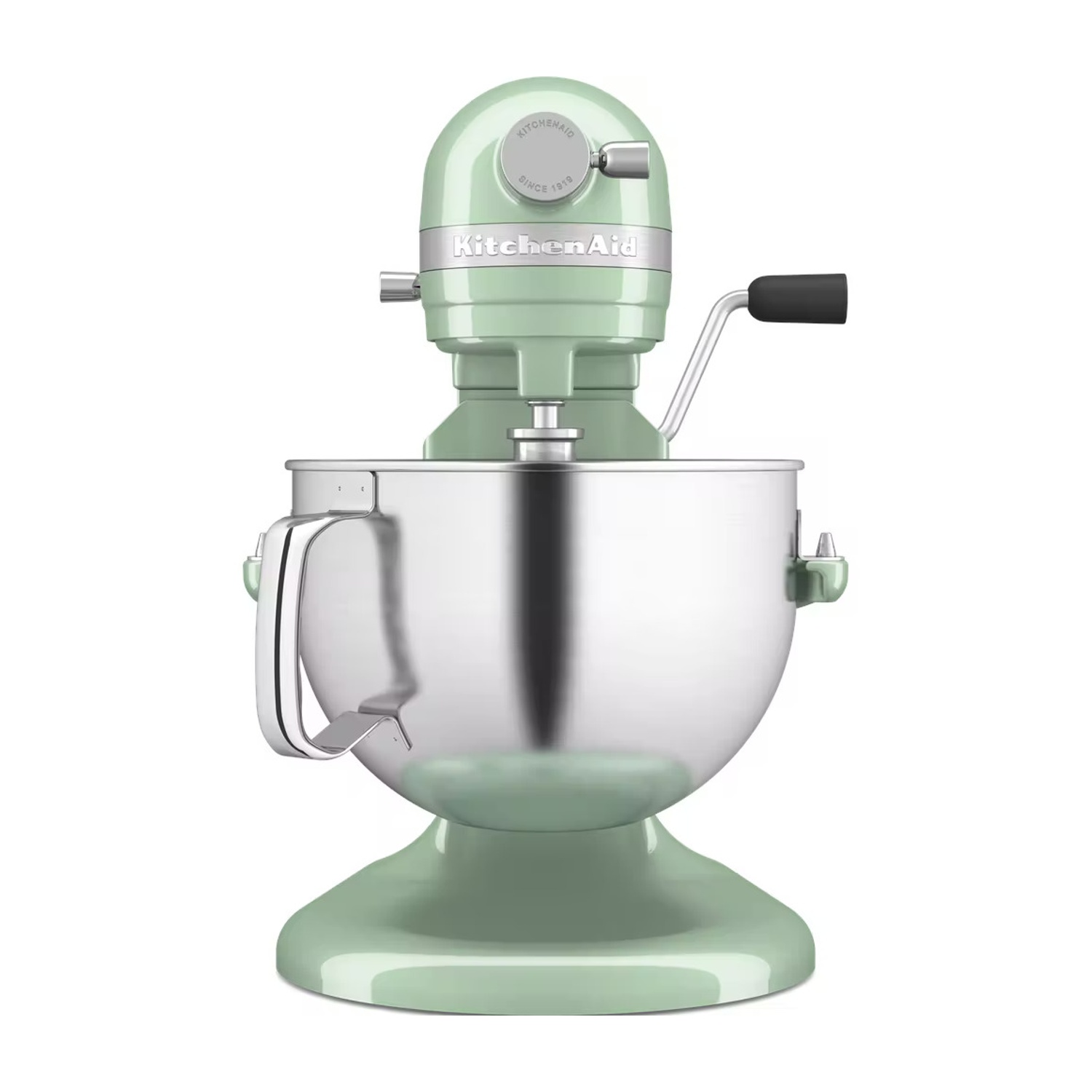 Frullatore KitchenAid verde menta. Ciotola in acciaio inox e manico. Sfondo bianco.