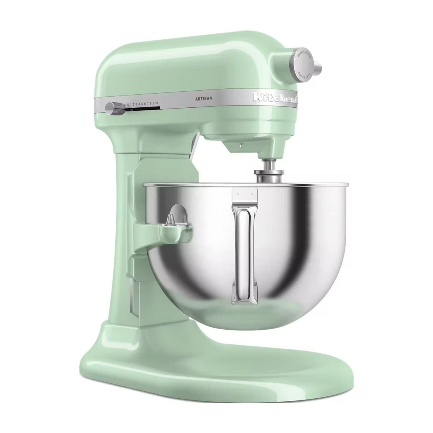 Un mixer a colonna KitchenAid Artisan verde menta su sfondo bianco.