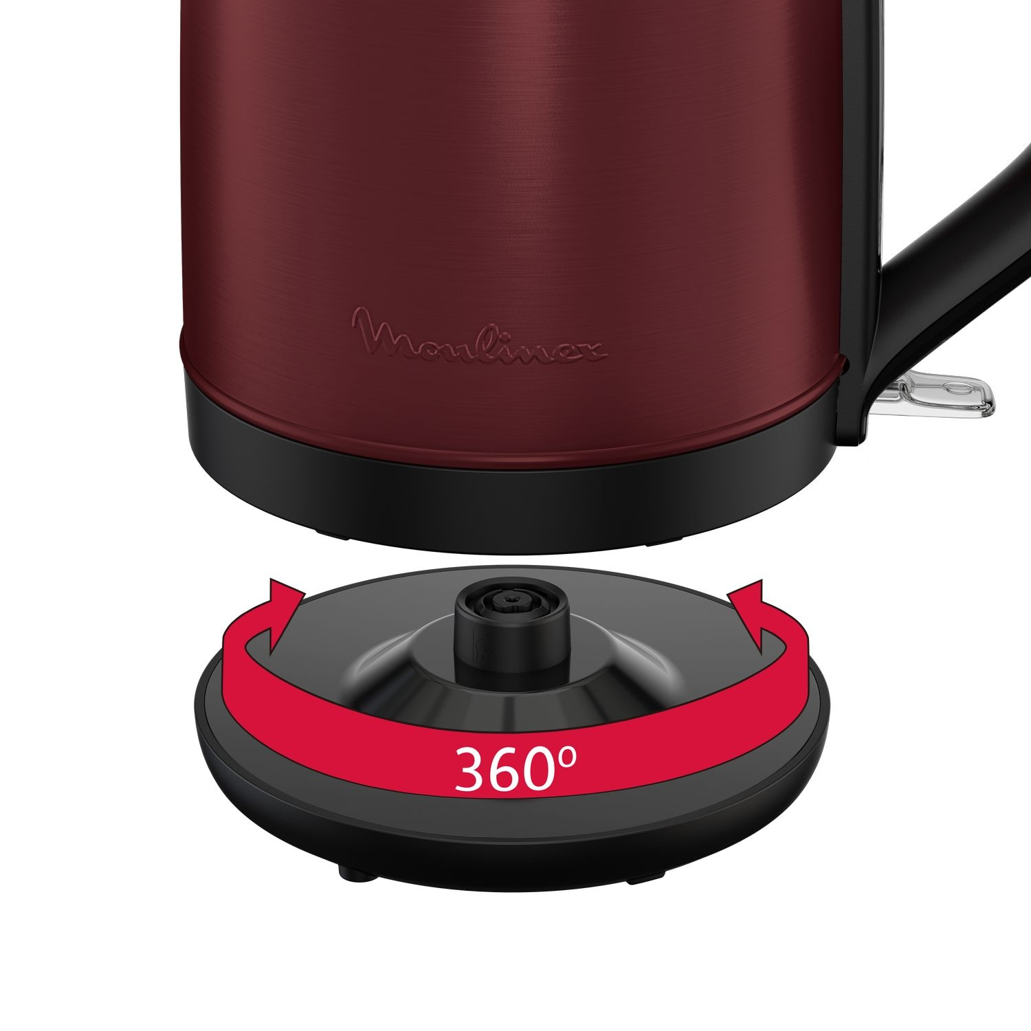Rode waterkoker met zwarte basis en 360 graden draaibare basis.