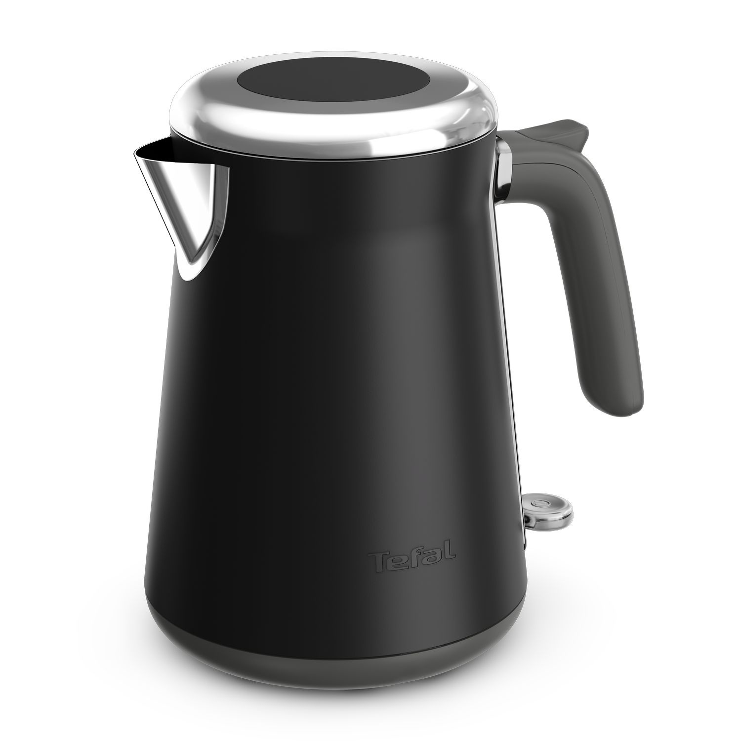 A black electric kettle with a silver lid and spout, and a black handle.