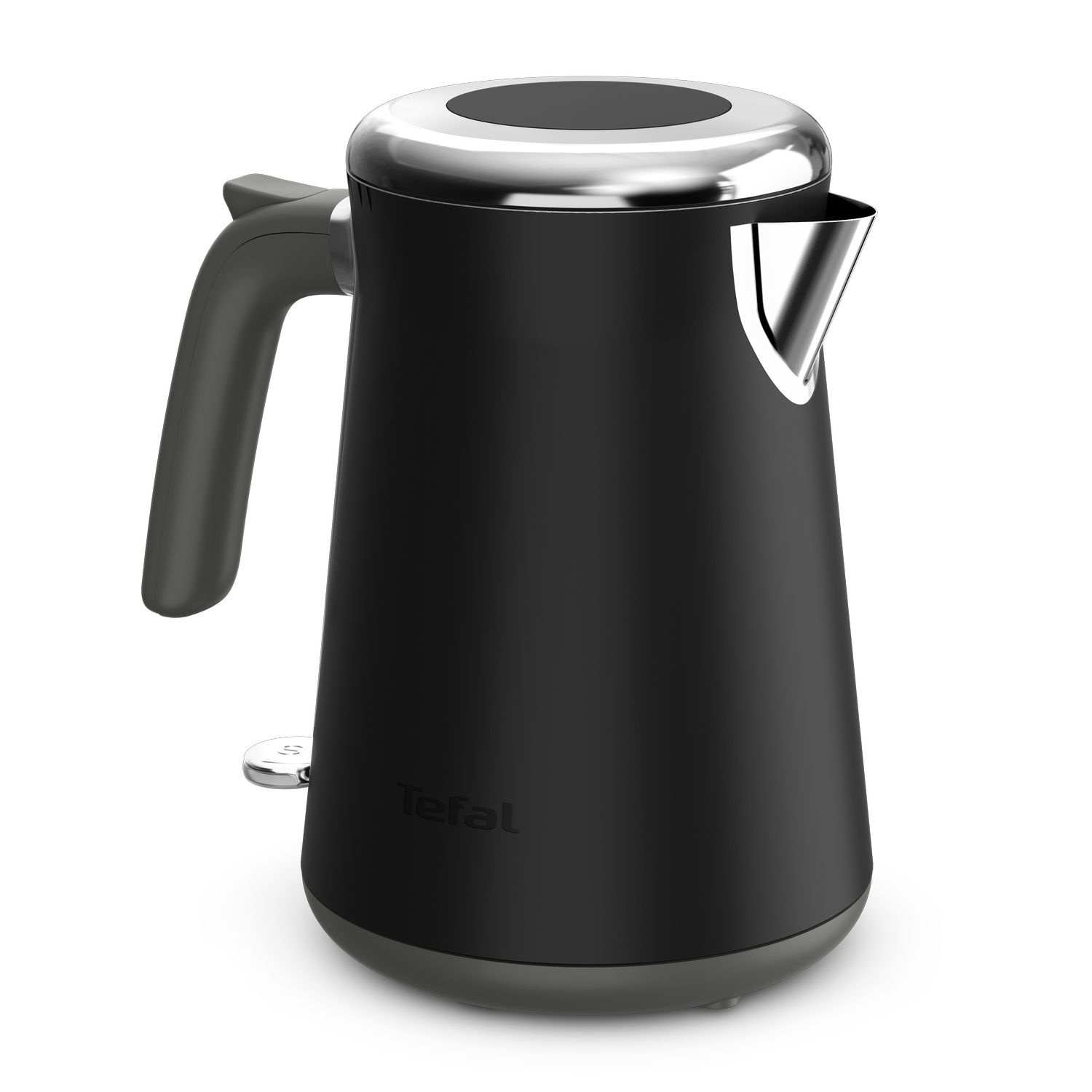 A black Tefal kettle on a white surface.