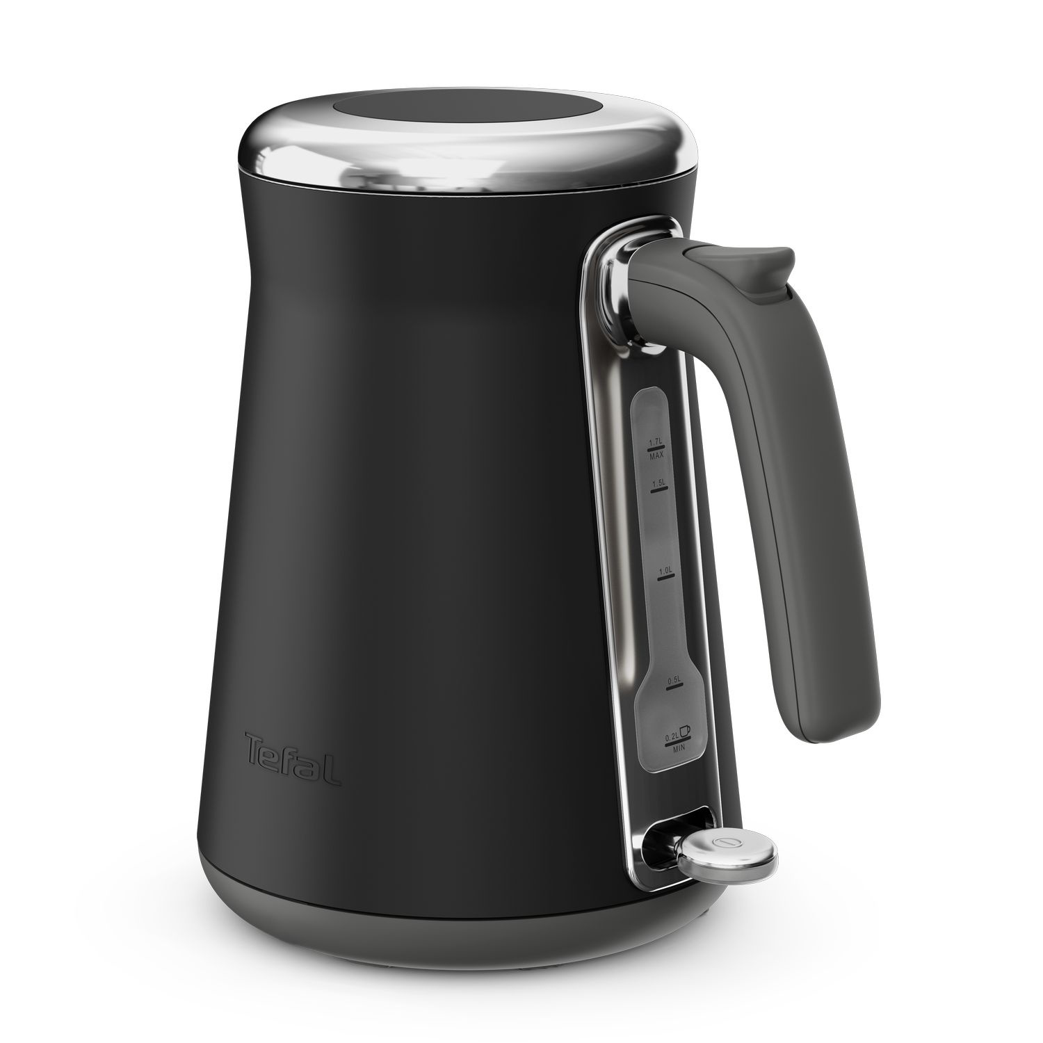 Black kettle with silver accents and a grey handle, shot against a white background.