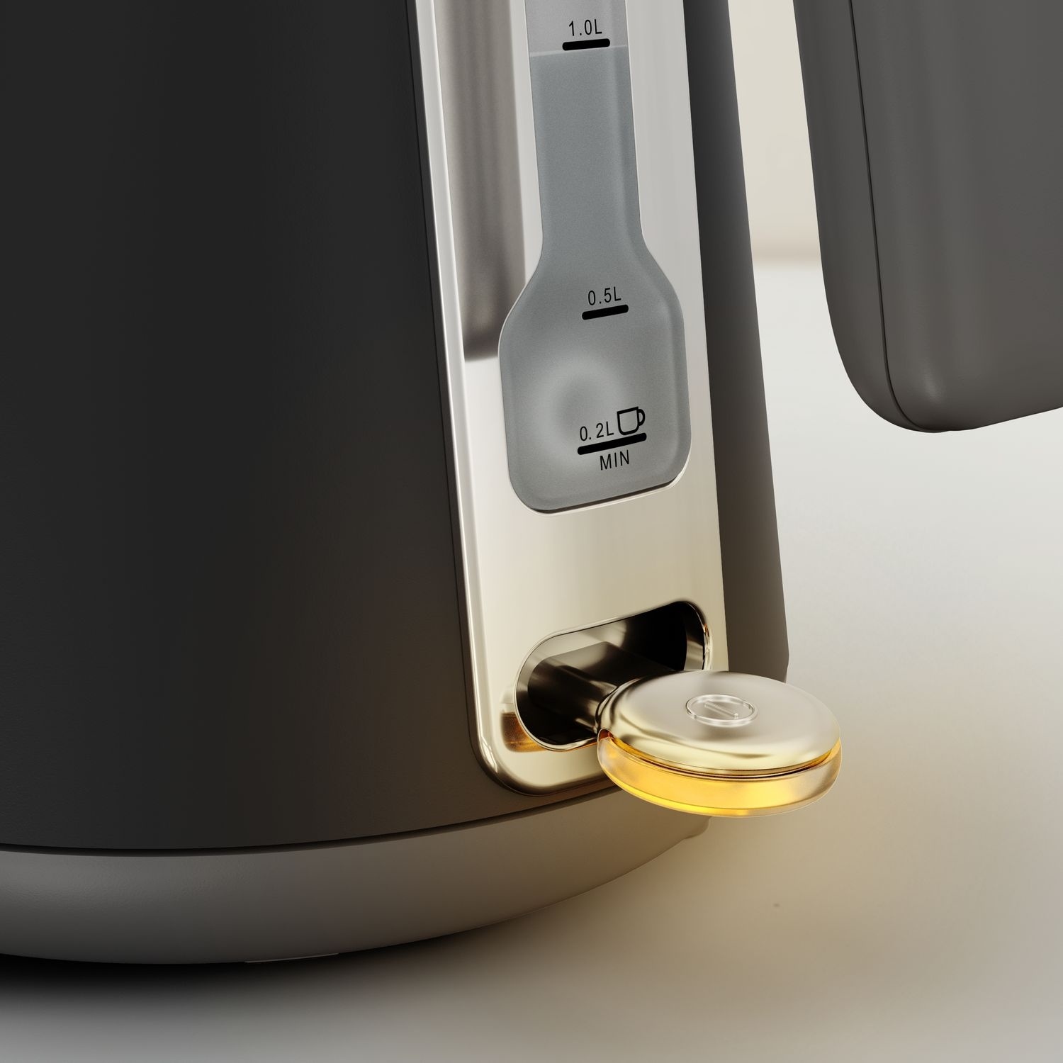 Close-up of a black and gold kettle with water level indicator and a lid.