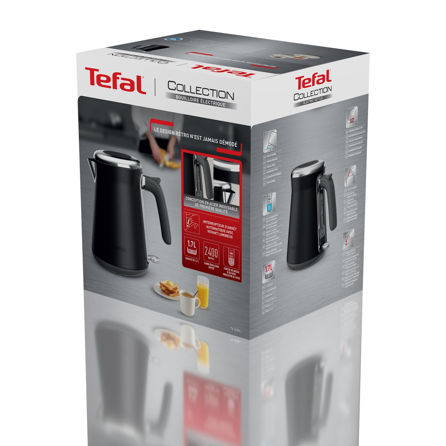 Black electric kettle in a box, with images of a kettle and text.