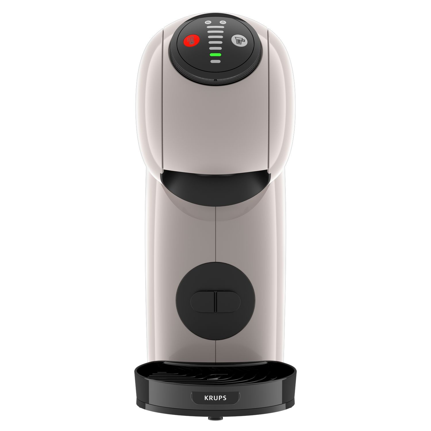 Une machine à café Krups crème. Elle a un dessus noir avec des boutons et une base noire. La machine est sur fond blanc.