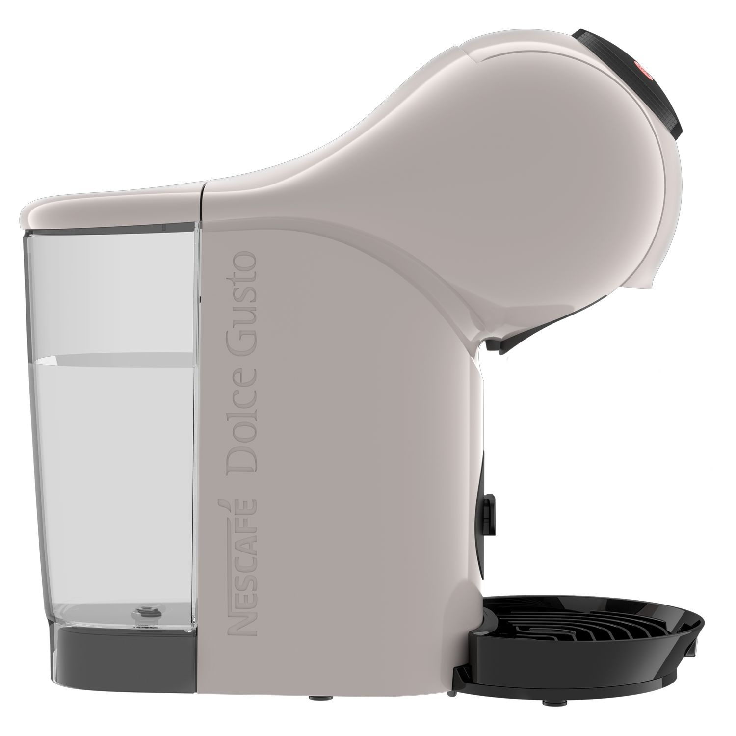 Une machine à café Nescafé Dolce Gusto gris clair. Elle comporte un réservoir d'eau, un porte-tasse noir et un bouton marche/arrêt rouge.