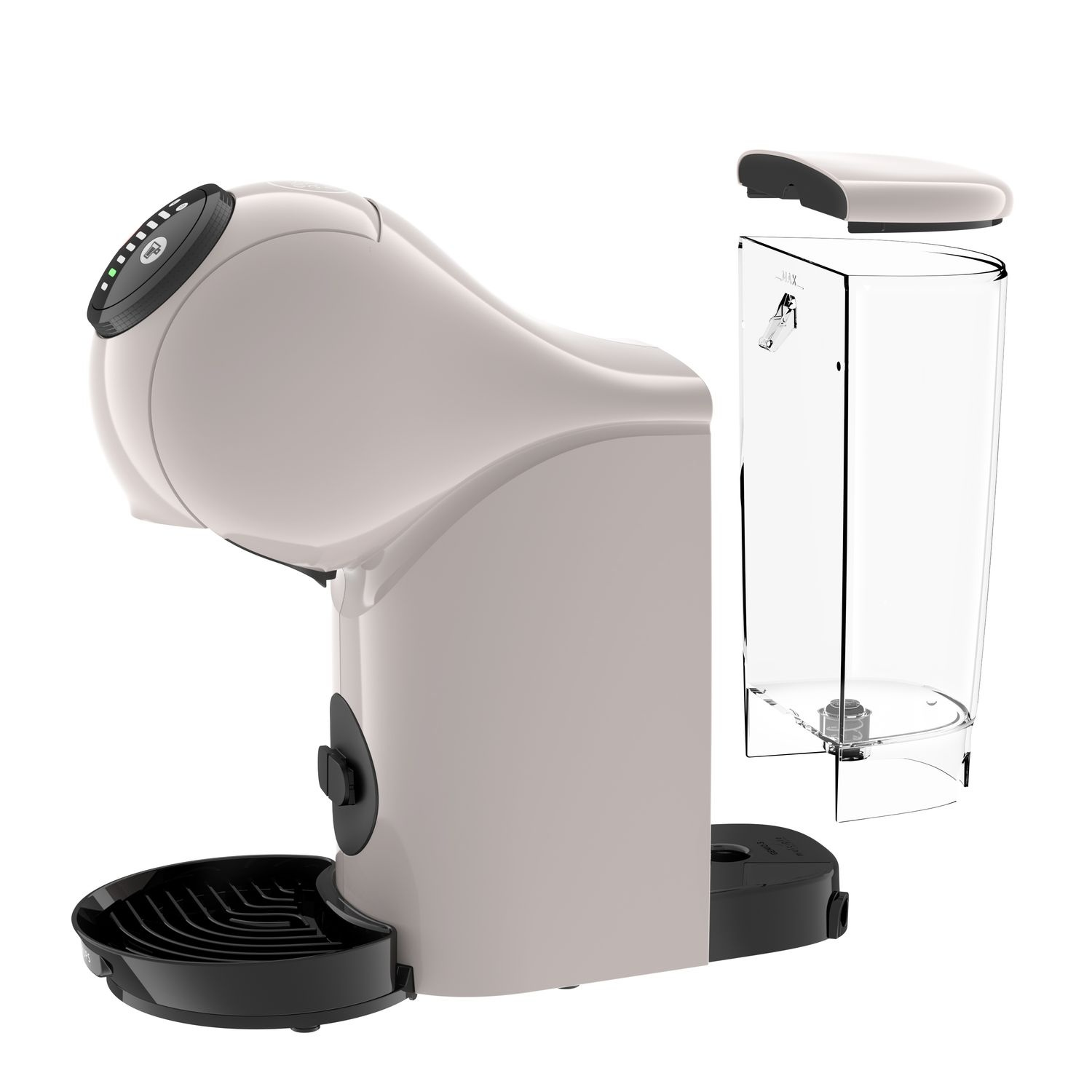 Une machine à café gris clair avec des détails noirs. Le réservoir d'eau est séparé. La machine a un bac d'égouttement noir.