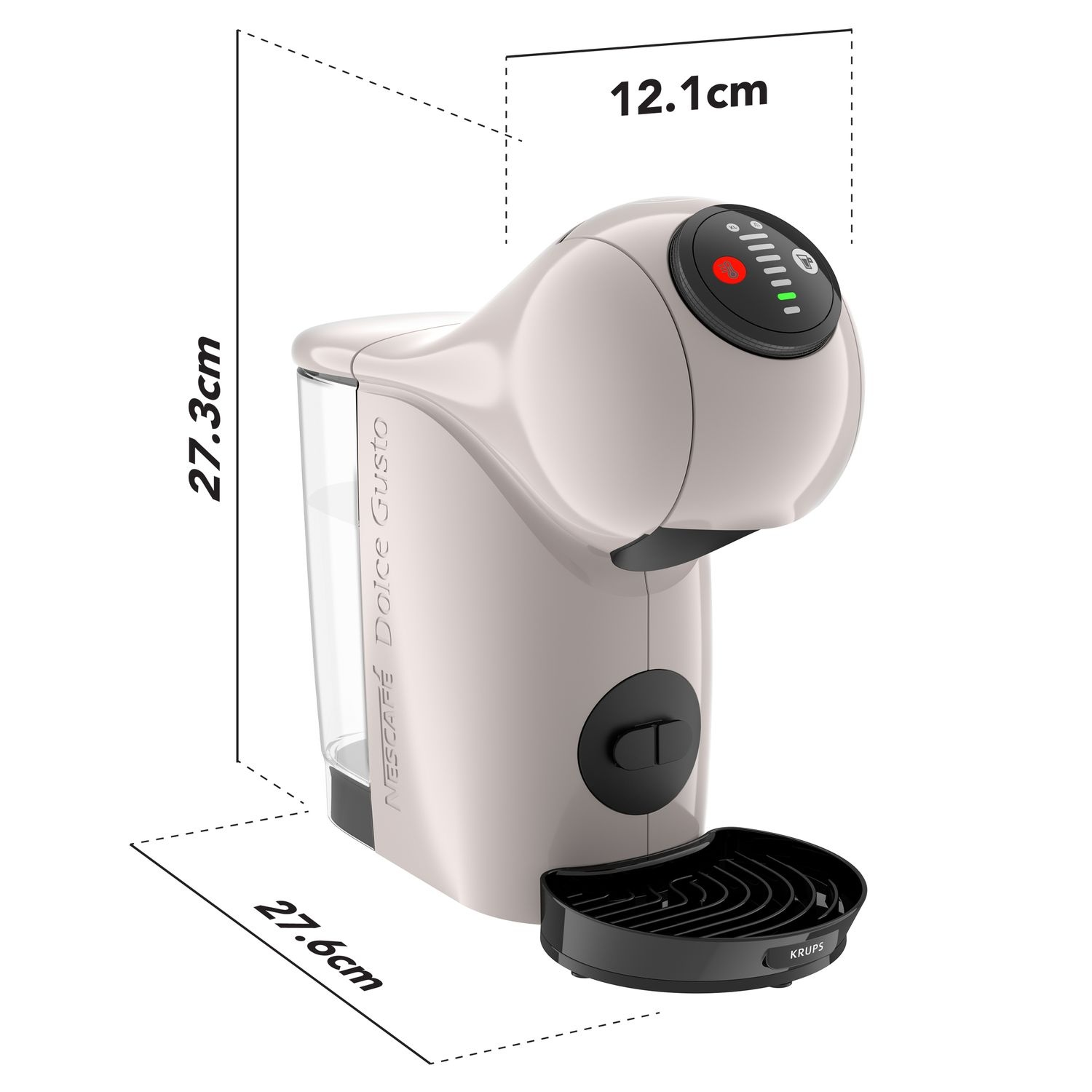 Une machine à café beige Nescafe Dolce Gusto avec dimensions indiquées. Plateau noir, panneau de contrôle avec lumières. Marque : Krups.