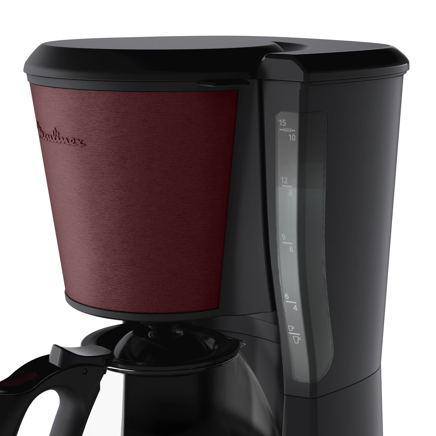 A black coffee maker with a burgundy accent cup and water level indicator.