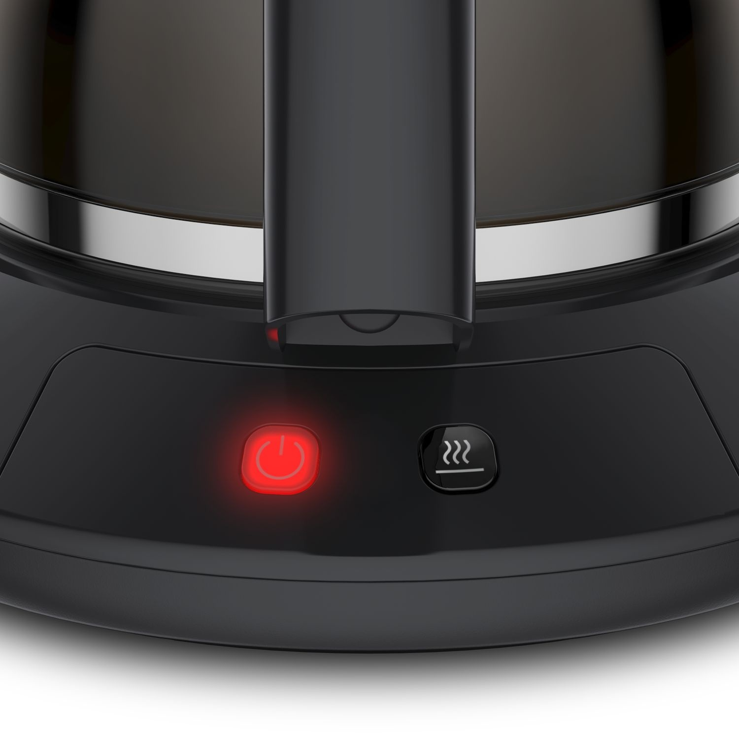 Black kettle base with illuminated power button and heat symbol.