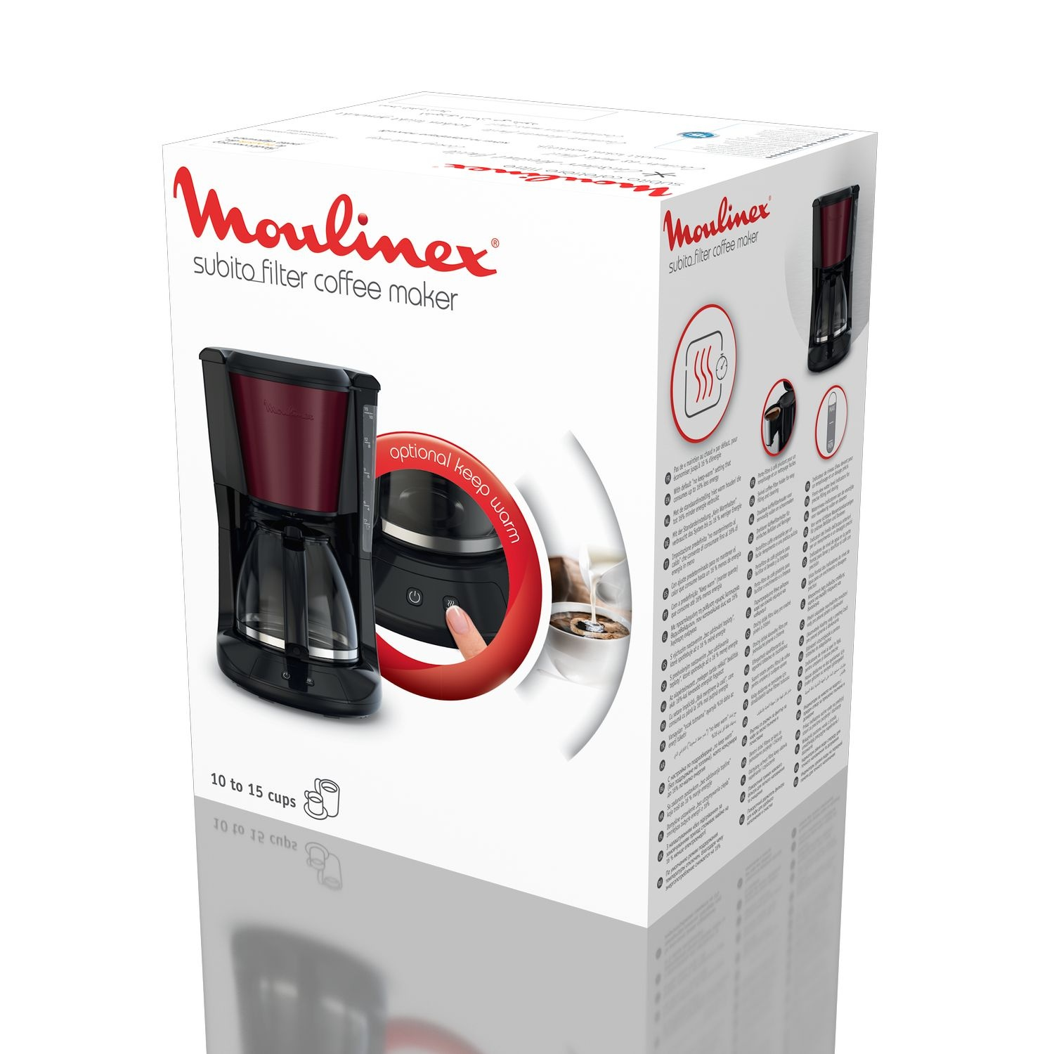 Moulinex filter coffee maker with glass carafe, black and red, for 10 to 15 cups.