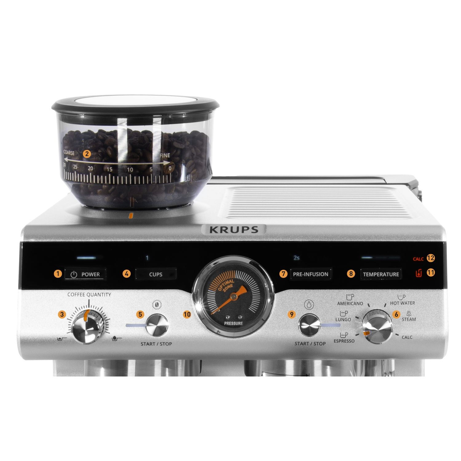 Machine à café Krups argentée avec un récipient à grains sur le dessus. Comprend des boutons pour l'alimentation, les tasses, la pré-infusion, la température et le démarrage/arrêt.