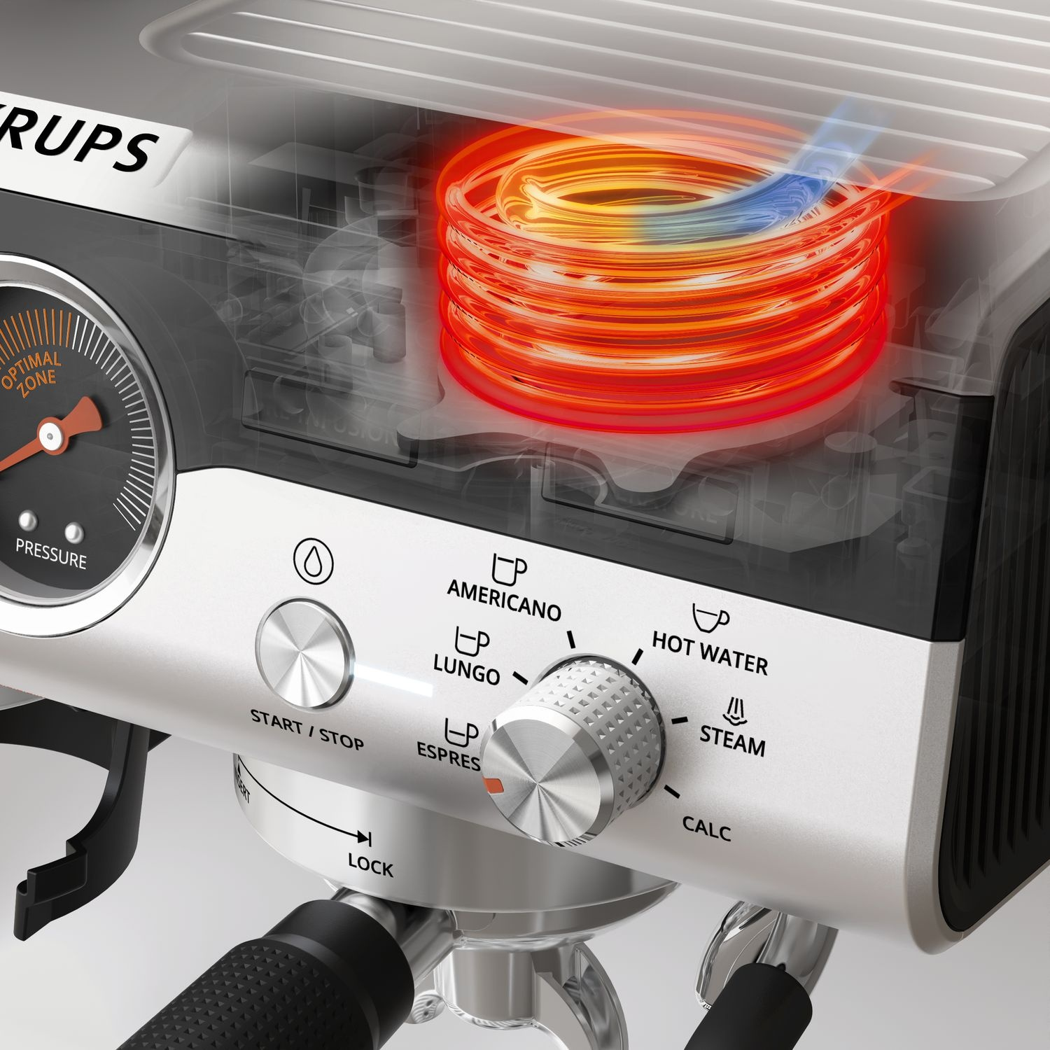 Gros plan sur une machine à expresso. L'image montre le manomètre, les boutons et un cadran pour différents réglages de café.