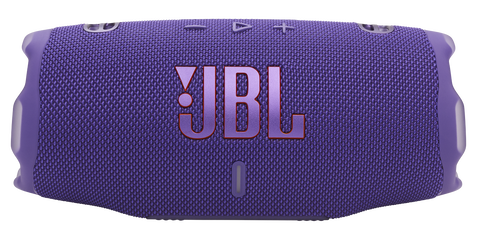 Fioletowy głośnik JBL z logo JBL na czarnym tle.