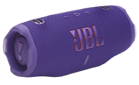Fioletowy głośnik JBL z logo JBL w kolorze pomarańczowym i przyciskami sterowania na górze.