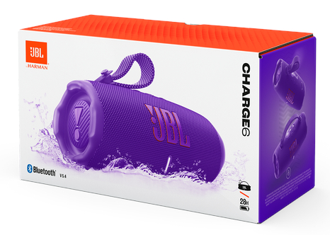 Głośnik JBL Charge 6 w pudełku. Pudełko jest biało-pomarańczowe, z głośnikiem z przodu.
