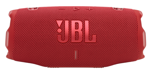 Czerwony głośnik przenośny JBL. Cylindryczny kształt, siatkowa faktura, widoczne logo JBL. Czarne tło.