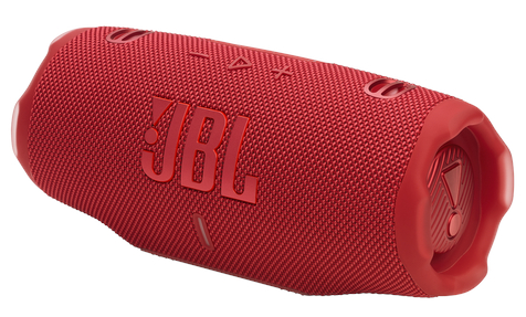 Czerwony głośnik JBL. Ma logo JBL w kolorze czerwonym. Jest na białym tle.