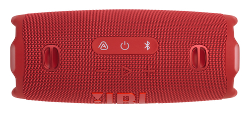 Czerwony, prostokątny głośnik przenośny z przyciskami. Głośnik ma logo JBL.