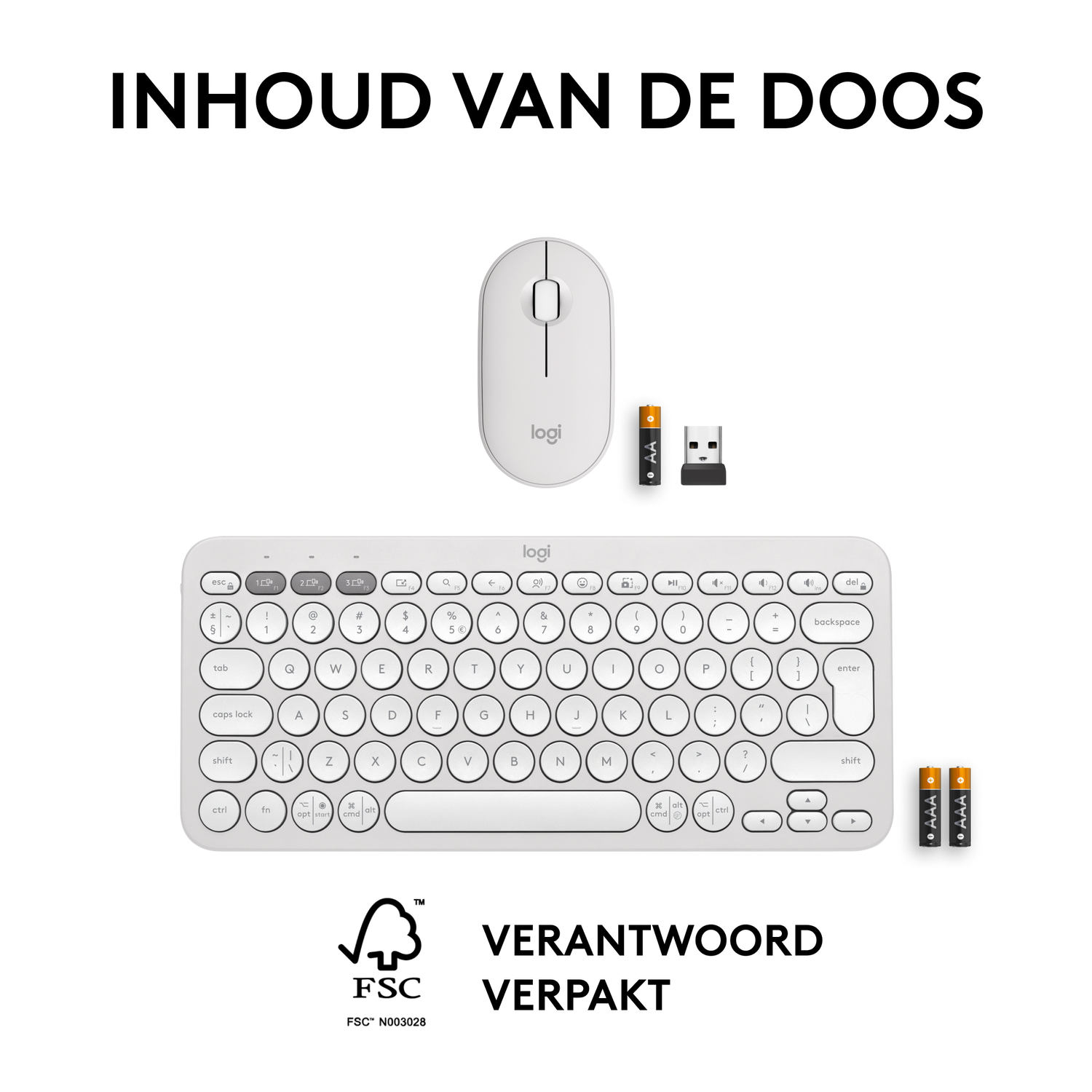 White keyboard, mouse, and batteries. All are Logitech products. The box contents are shown.
