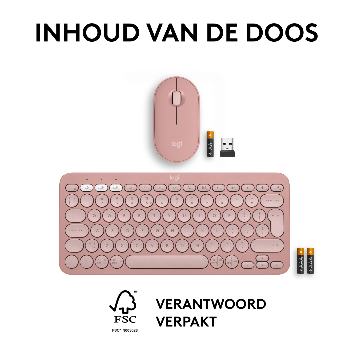 Roze Logitech toetsenbord- en muisset met batterijen en een USB-ontvanger, op een witte achtergrond.
