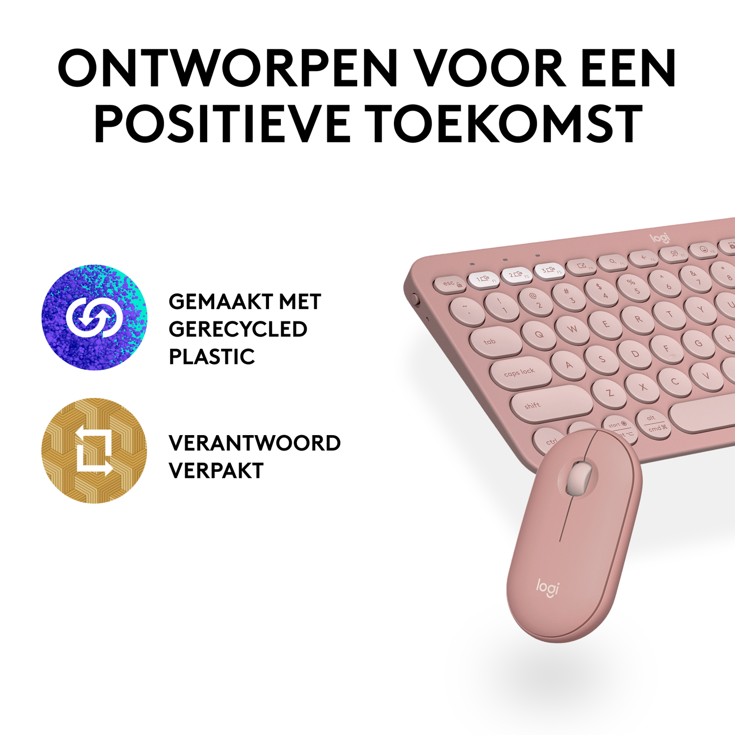 Een roze toetsenbord- en muisset. Pictogrammen voor gerecycled plastic en verantwoorde verpakking worden weergegeven.