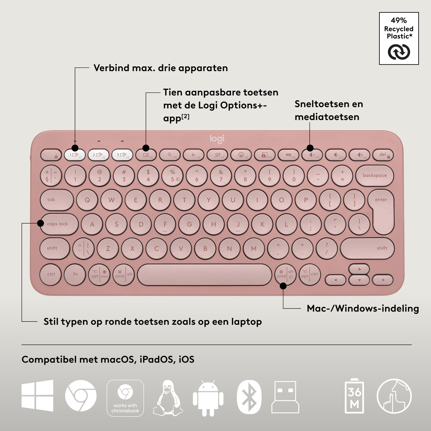 Roze Logitech toetsenbord met ronde toetsen, compatibel met macOS, iPadOS en iOS.