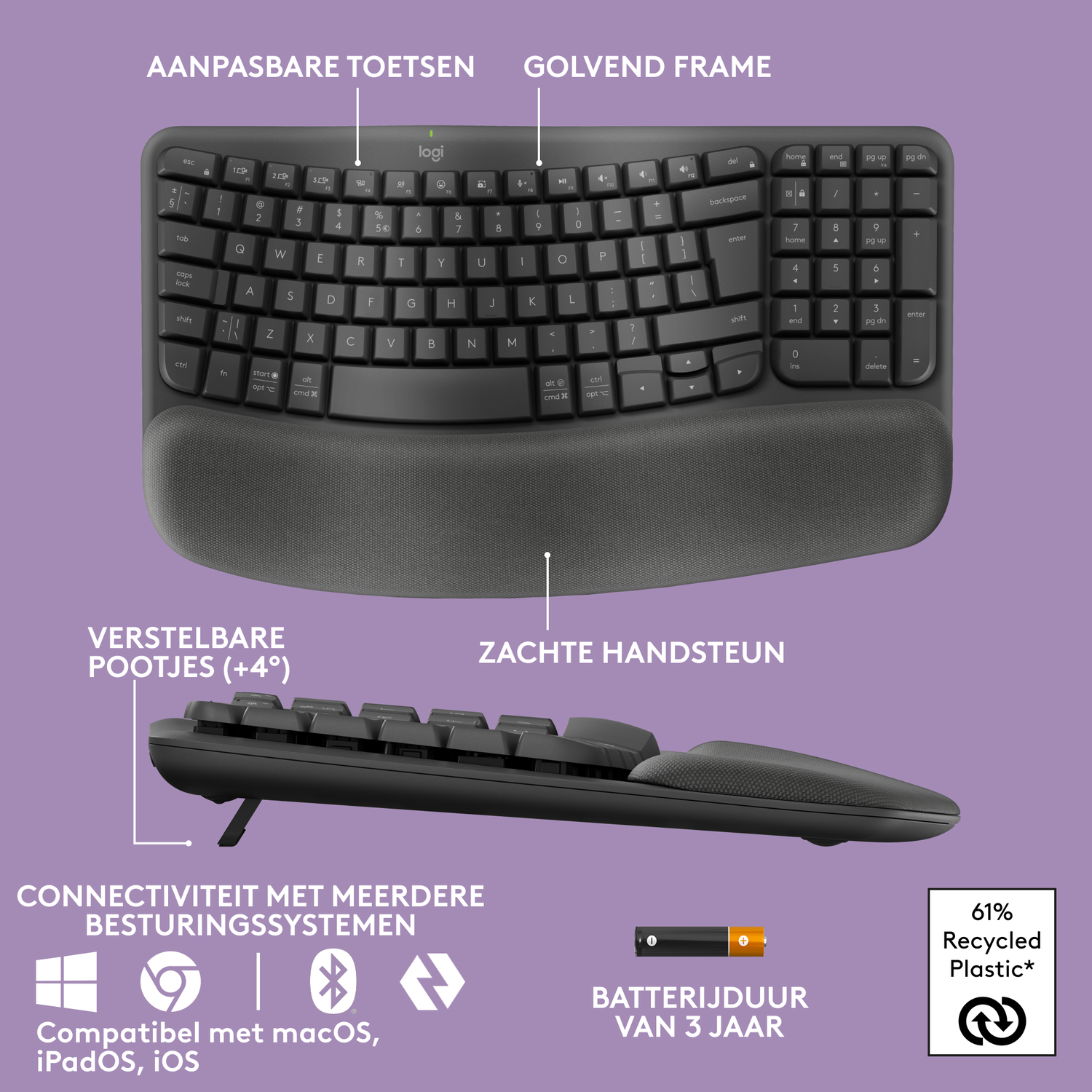 Zwart Logitech-toetsenbord met polssteun. Het heeft verstelbare voetjes en connectiviteit-iconen.