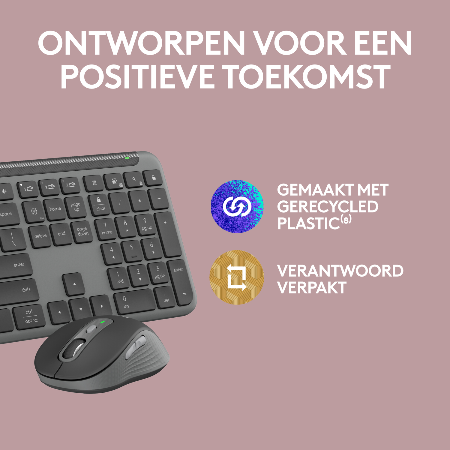A Logitech keyboard and mouse on a pink background. Icons for recycled plastic and packaging.