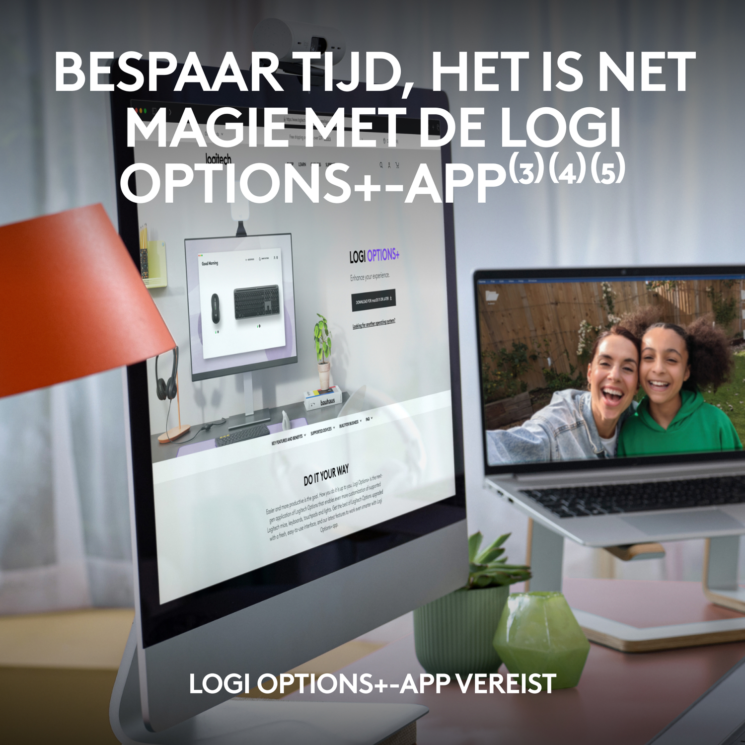 A computer setup with text. Two people are seen on the computer screen.