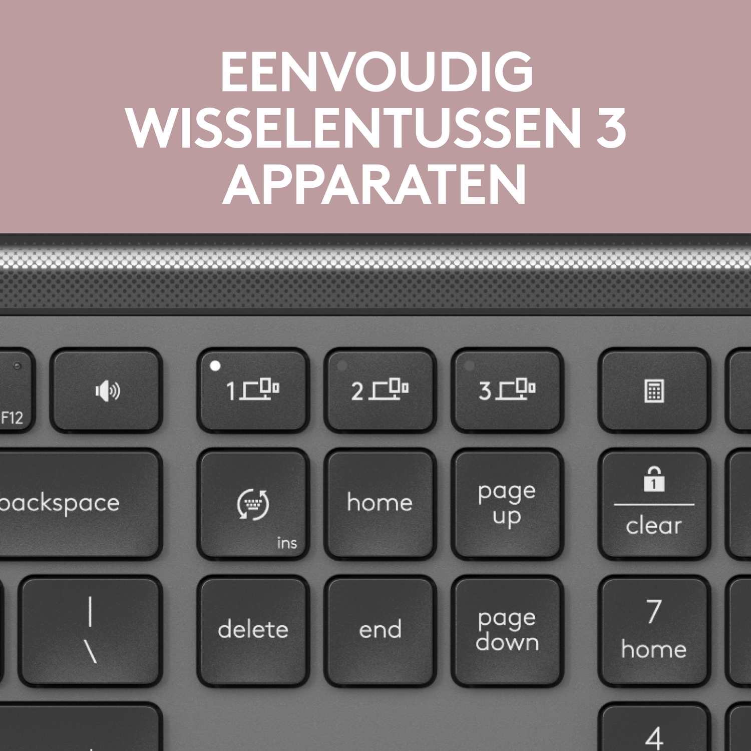 Close-up of a keyboard with some keys labeled. Text at the top in Dutch.