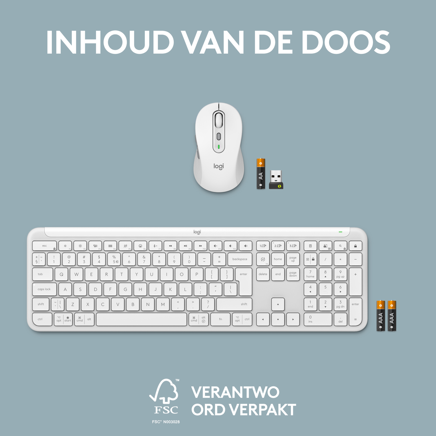 White keyboard, mouse, and batteries are on a gray surface with text on top.