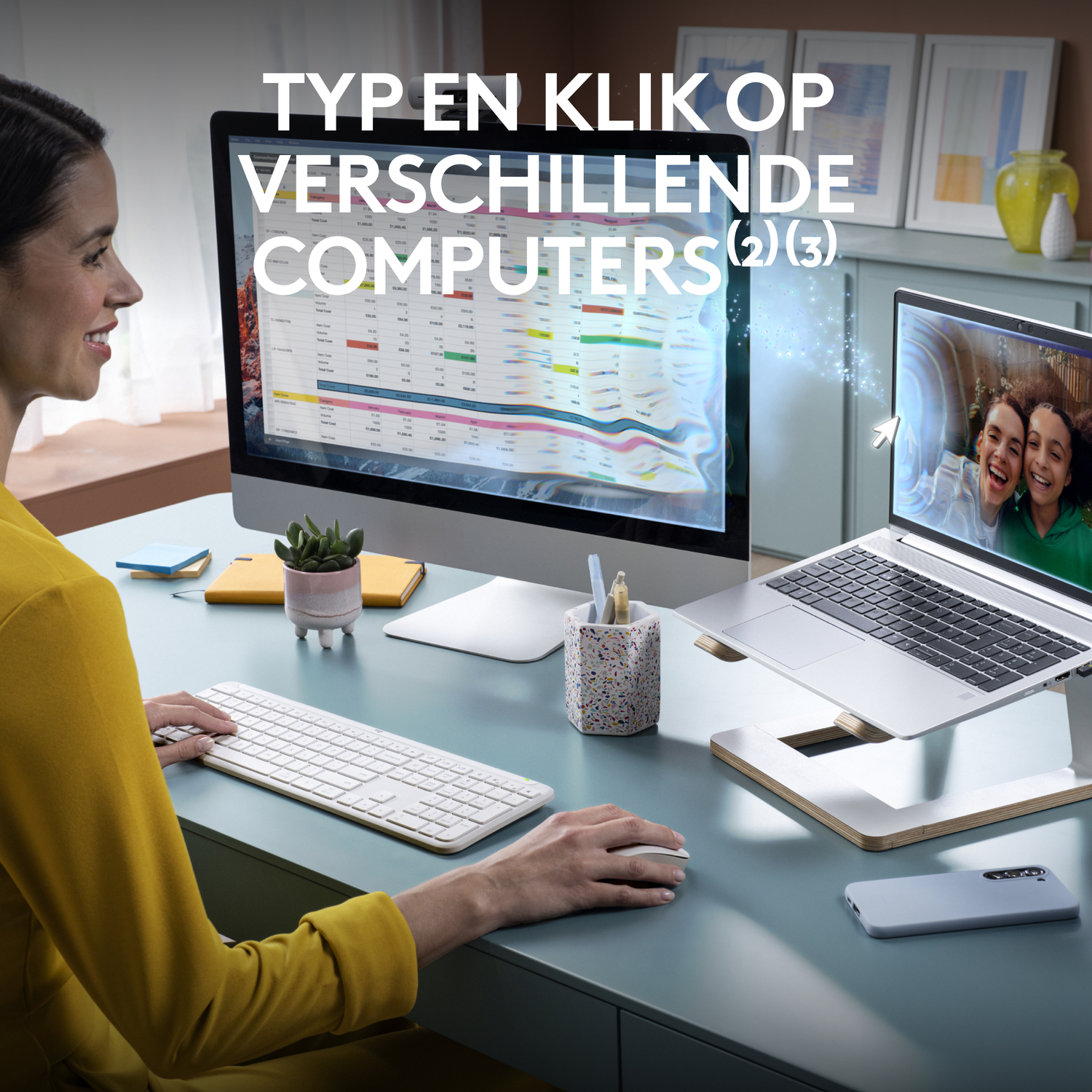 Woman working on computer with keyboard and mouse; a laptop is beside the computer.