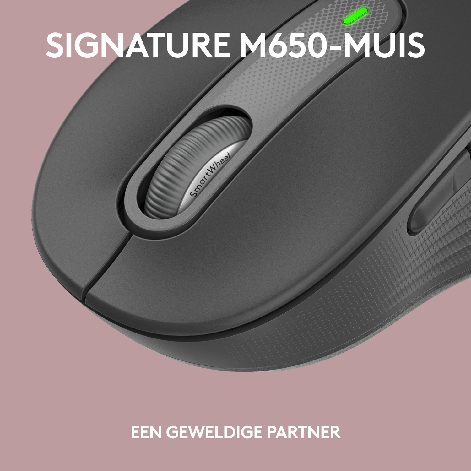 Close-up of a grey mouse with a scroll wheel and the text 'Signature M650-muis'.