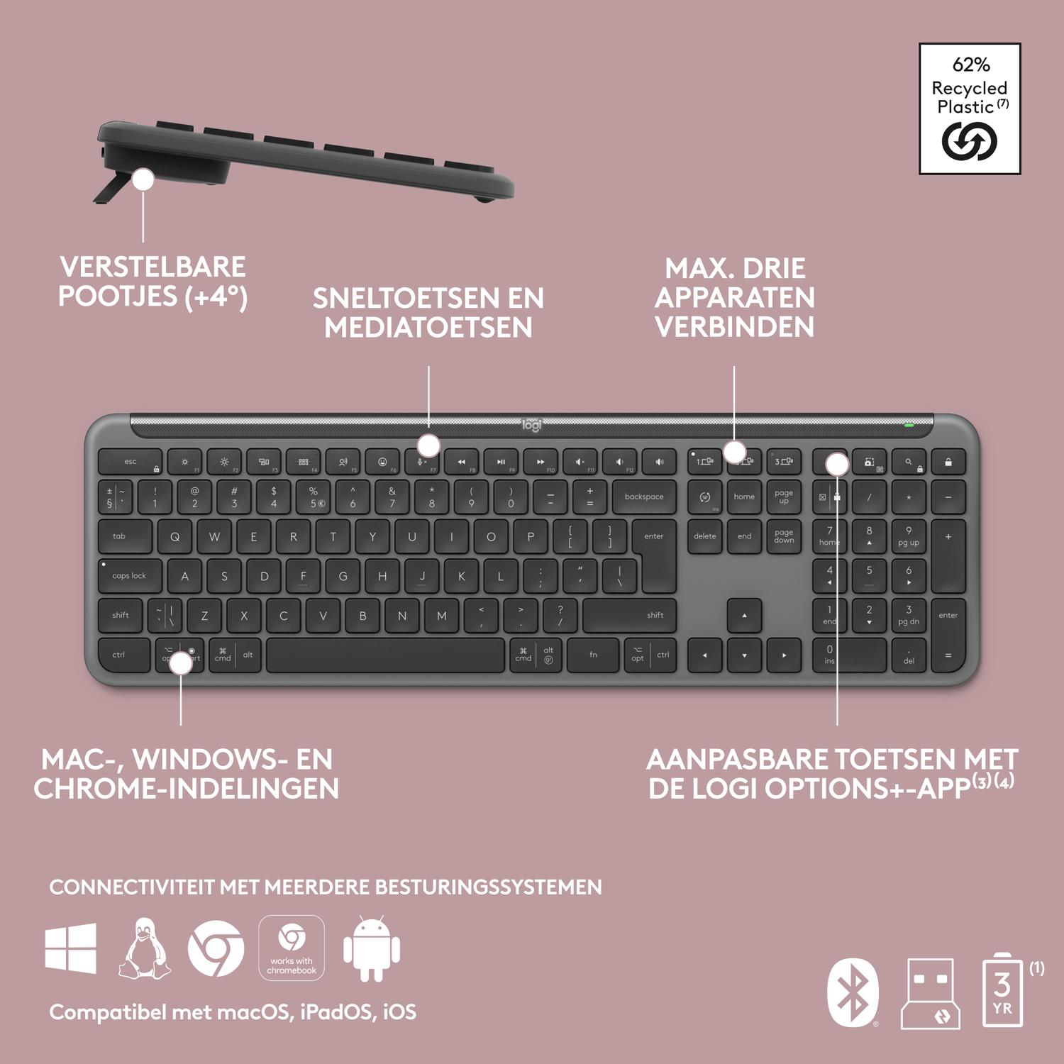 A gray Logitech keyboard with function keys, and a variety of symbols and keys.