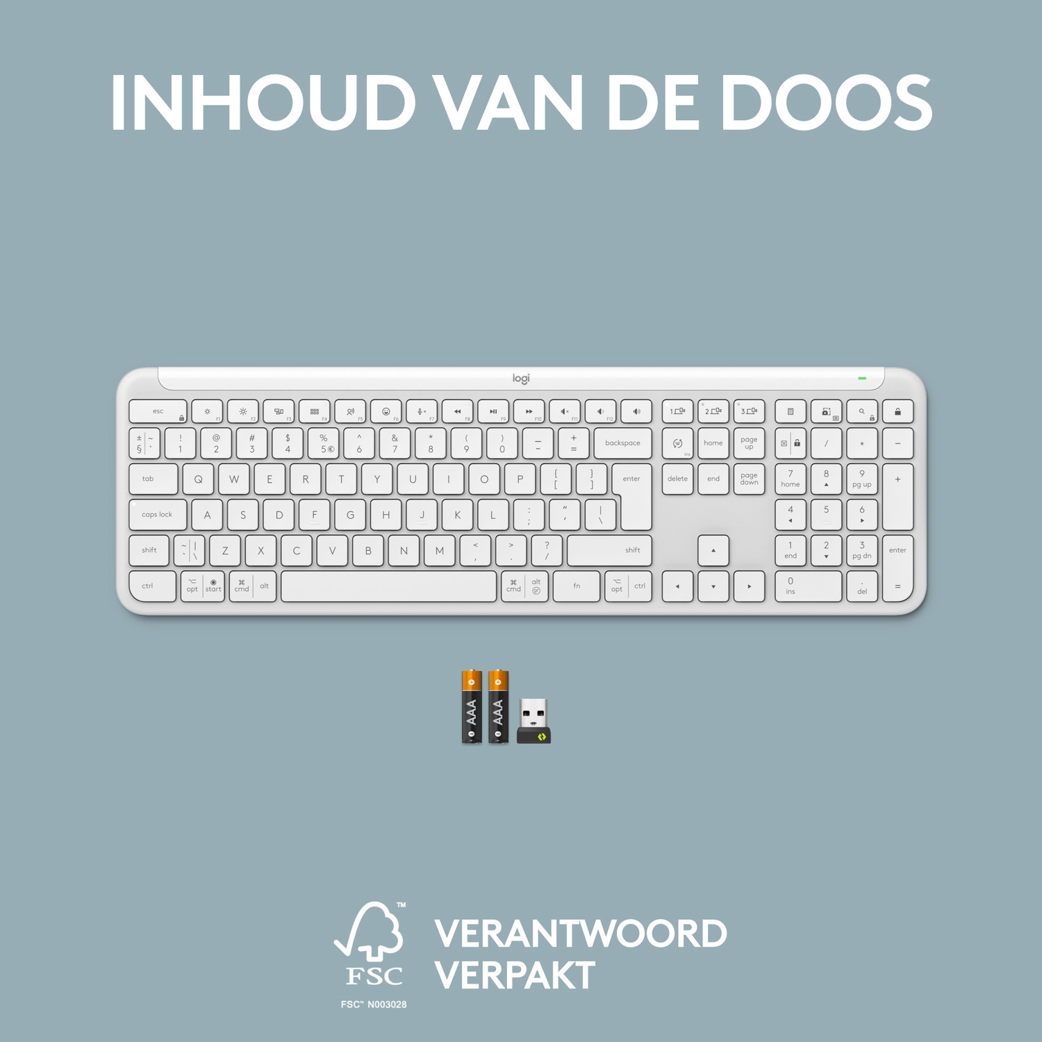 Wit Logi-toetsenbord met twee AAA-batterijen en een USB-ontvanger.