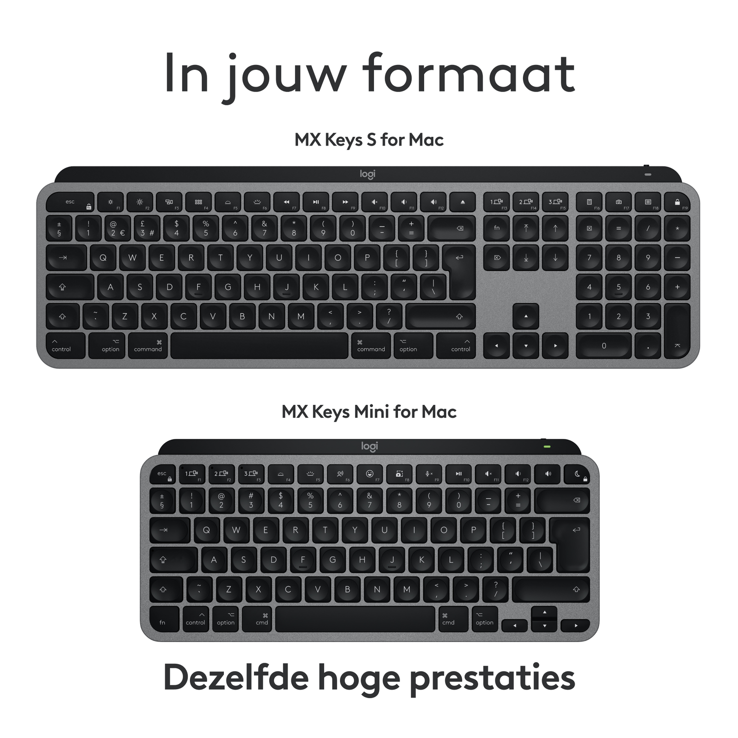 Toetsenborden: MX Keys S en MX Keys Mini voor Mac. Tekst: In jouw formaat. Dezelfde hoge prestaties.