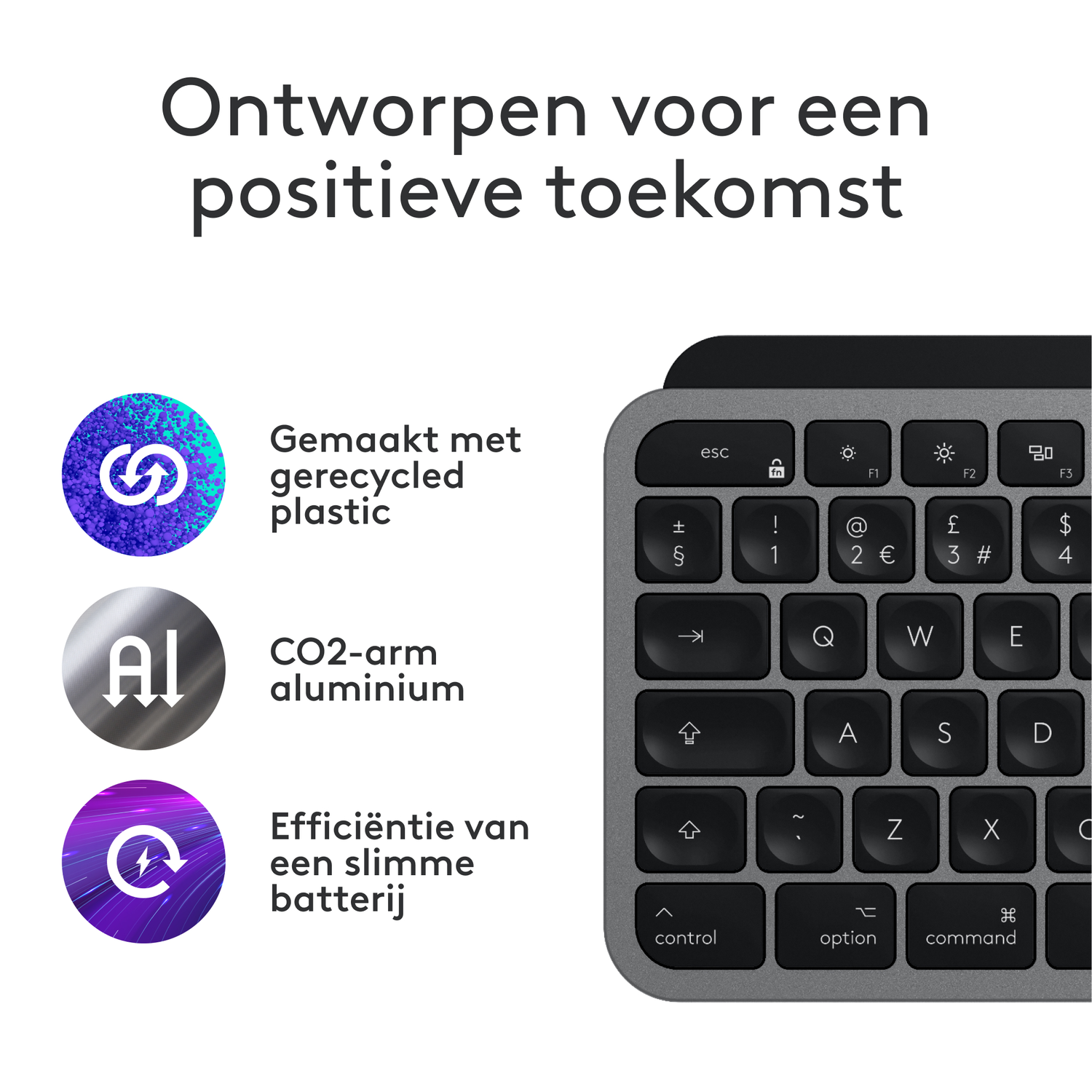 Toetsenbord en muis met pictogrammen voor gerecycled plastic, CO2-arm aluminium en slimme batterij-efficiëntie.